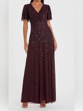 Mac Duggal Aubergine/ plum Flutter Sleeve Embellished V Neck Gown 6 New